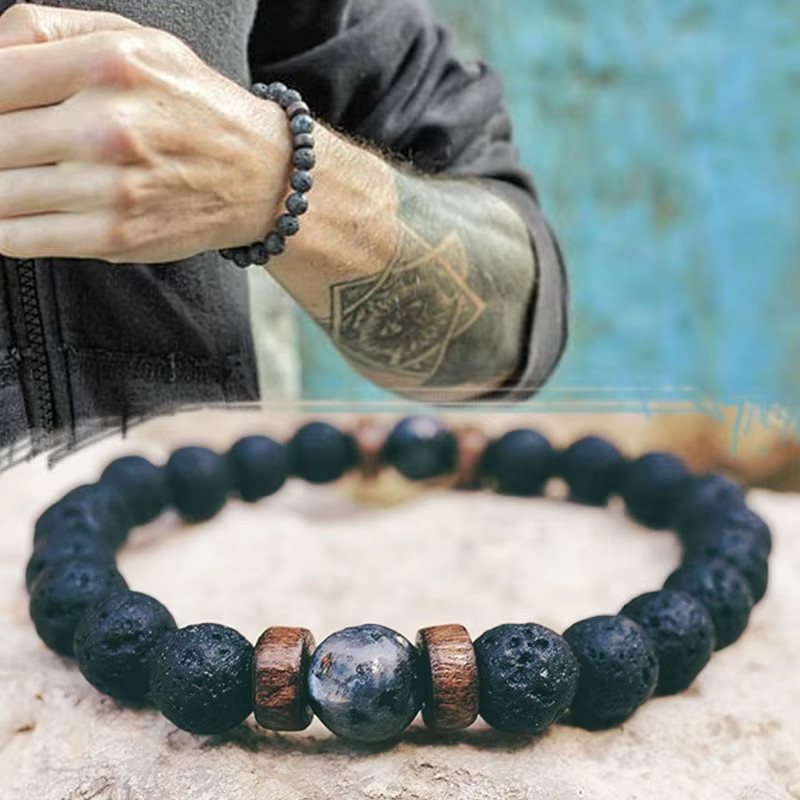 HOBBORN Armband, Mondstein-Perlen, Lavastein, Schwarz, Herren - Bild 2