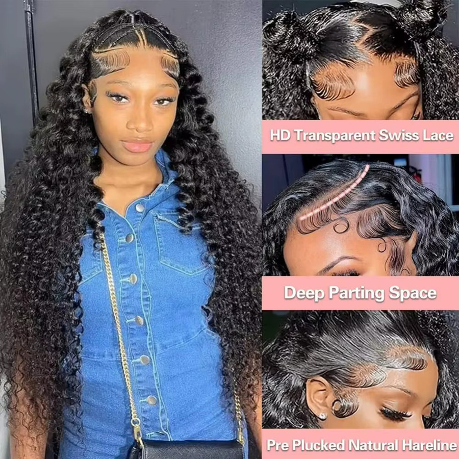 Cecycocy Echthaarperücke Deep Wave, 13x6 HD Lace Front, Natur Schwarz - Bild 3
