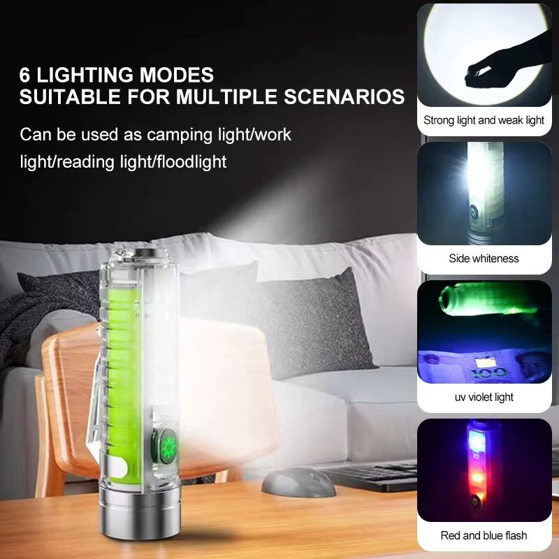 Multifunktionale USB C wiederaufladbare LED-Mini-Taschenlampe mit UV-Licht, Magnet und Schlüsselanhänger in Grün und Silber - Bild 3