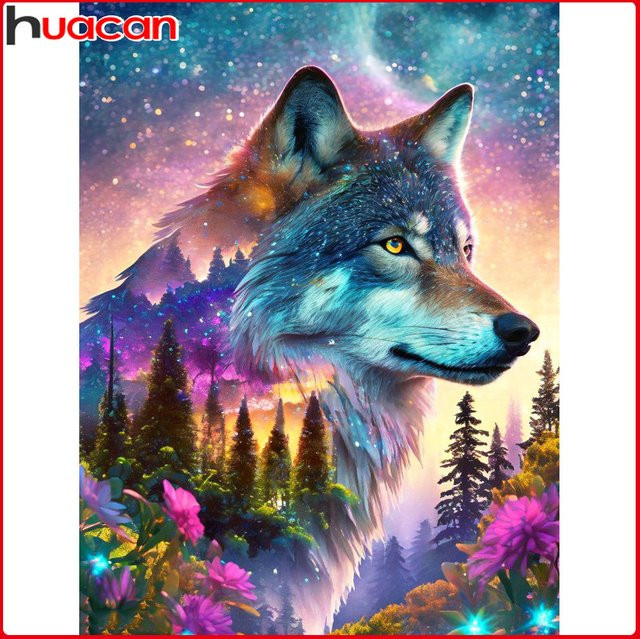 Huacan Diamant-Stickerei Set Wolf im Sternenhimmel als Mosaik-Kunst für deine Wanddekoration, Mehrfarbig, Durchmesser: 30,0 cm - Bild 1