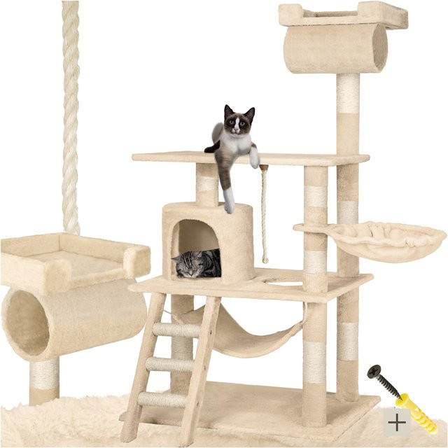 tectake Kratzbaum mit Katzenhaus und Spielzeug in Beige, H x B x T: 141 x 86 x 49 cm - Bild 1
