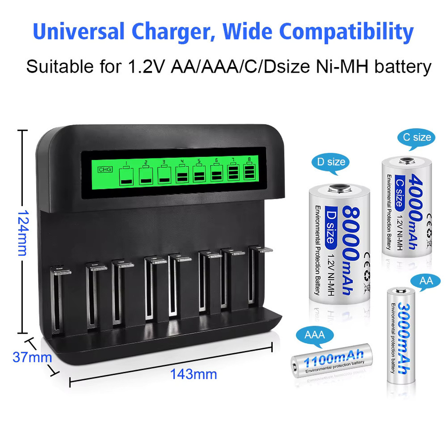 PALO Akku Set mit 8 AA Ni-MH Batterien 3000mAh und Smart Ladegerät für AA AAA C D Batterien - Bild 2