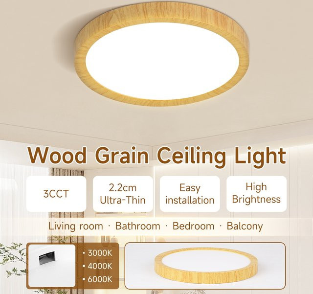 CANMEIJIA Ultradünne LED-Deckenleuchte in Holzoptik, dimmbar, dreifarbiges Licht, modernes Panel-Design für Wohnzimmer, Schlafzimmer und Küche, Farbe: Braun/Holz - Bild 1