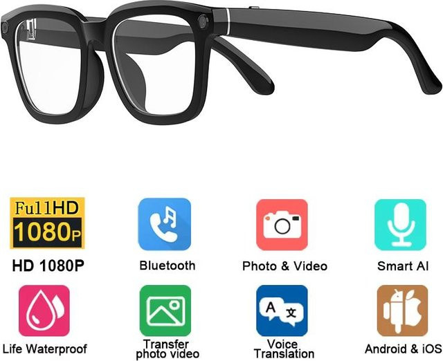 Intelligente KI-Sonnenbrille mit 1080HD Aufnahmekamera, Bluetooth, Anruffunktion und Übersetzungsfunktion, wasserdicht, UV400 Schutz, Farbe: Schwarz - Bild 1