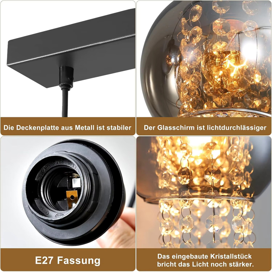 4-flammige Pendelleuchte aus Glas in Rauchgrau für Esszimmer, Wohnzimmer und Küche mit E27 Fassung - Bild 2