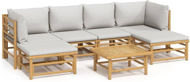 vidaXL 7-tlg. Garten-Lounge-Set aus Bambus mit grauen Polstern in L-Form - Bild 1