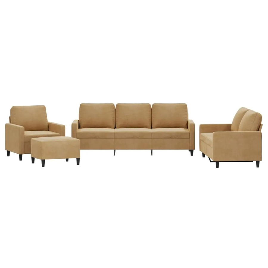 vidaXL 4-teilige Sofagarnitur aus Samt in Braun inklusive Sessel, 2-Sitzer-Sofa, 3-Sitzer-Sofa, Fußhocker und Kissen - Bild 2