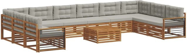 vidaXL Lounge-Sofagarnitur aus Massivholz Akazie in U-Form, 11-teiliges Set in Natur und Hellgrau mit Tisch, Sitzkissen und Rückenkissen - Bild 1