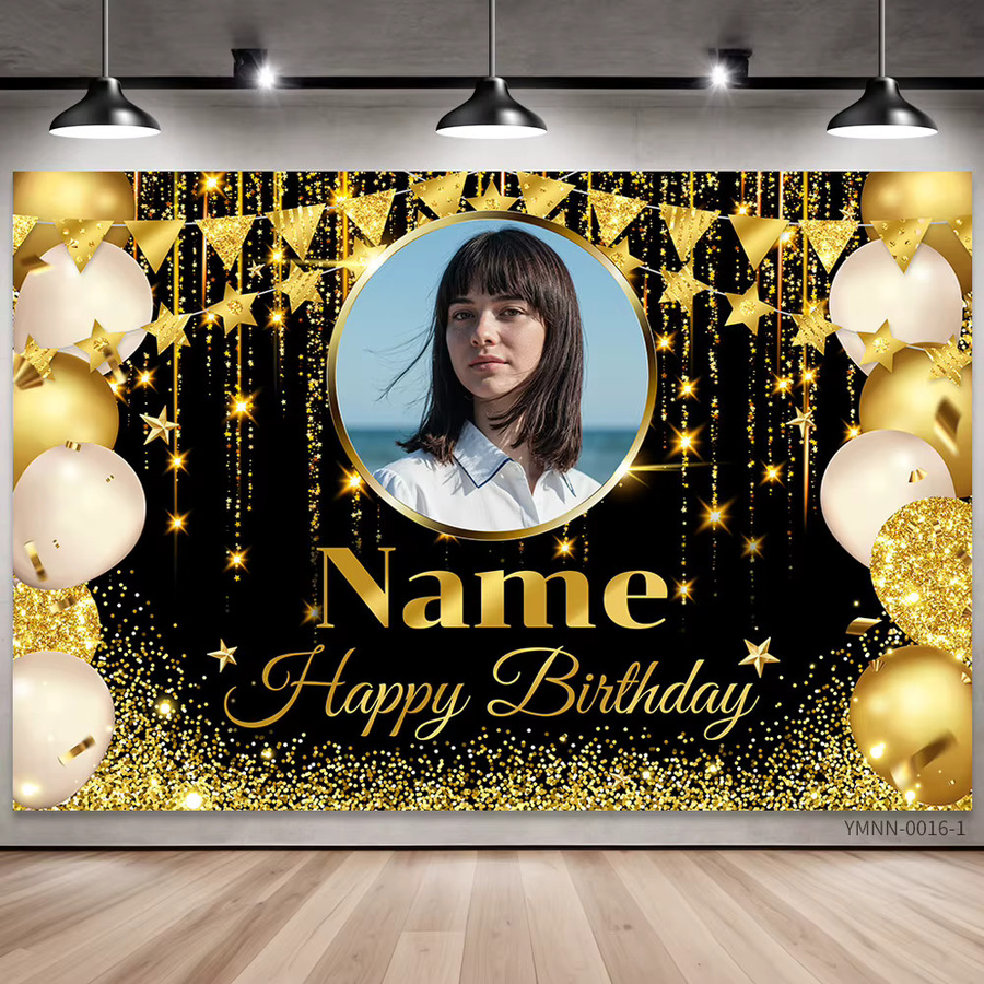 Personalisierter Foto-Namens-Geburtstags-Hintergrund von AEVYVKV in Schwarz und Gold mit Glitzerlichtern zur Wanddekoration für deine Party - Bild 3
