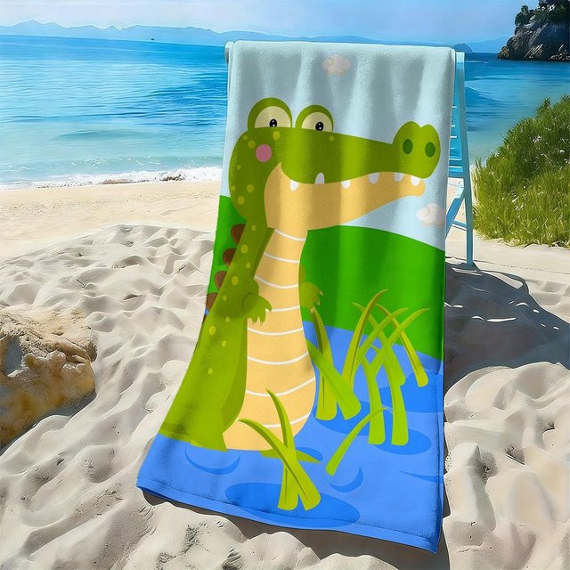 Hochsaugfähiges Mikrofaser-Strandtuch mit Cartoon-Krokodil-Motiv in Grün, Weiß und Multicolour, B: 137 cm, H: 178 cm - Bild 1