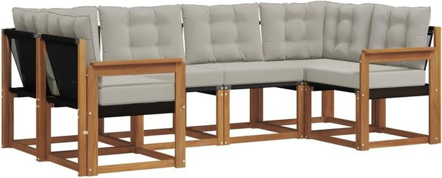 vidaXL Outdoor-Sofagarnitur 6-teilig L-Form aus Akazienholz und Textilene in Natur und Grau mit Kissen - Bild 1