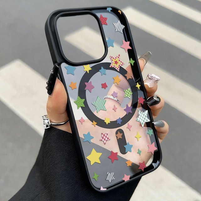 Magnetische iPhone Handyhülle mit INS-Stern-Design und Umhängeband, stoßfeste matte Acryl-Abdeckung für Apple iPhone 17 16 15 14 13 12 11 Pro Max, Multicolor - Bild 1