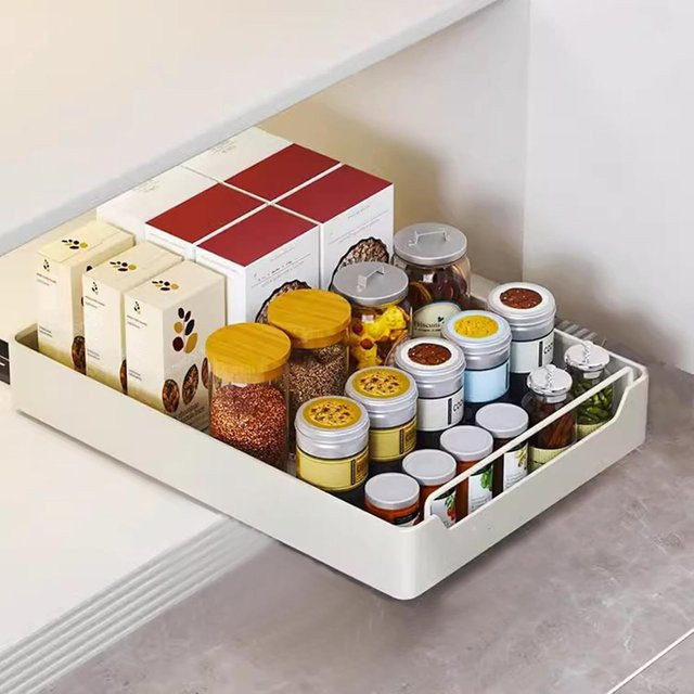 Garvee Selbstklebender Ausziehbarer Schrankorganizer in Weiß, Schwerlast-Schubladenregal aus Kunststoff, B/T/H: 43,0 x 30,0 x 7,0 cm - Bild 1