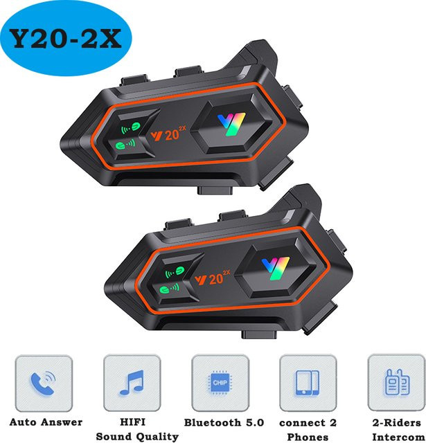 XINOWY Y20-2X Motorradhelm Bluetooth Headset mit 2-Fahrer Intercom, 1000m Reichweite, BT 5.0, Sprachassistent, Musik-Player und RGB-Licht, IPX6 Wasserdicht, Schwarz - Bild 1