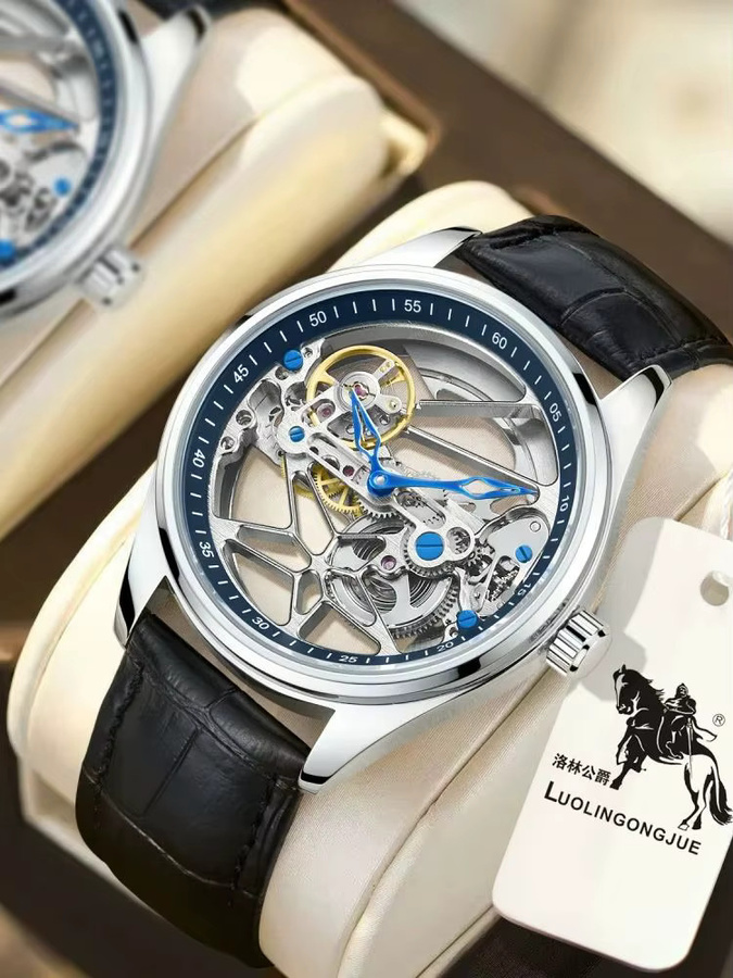 LUOLINGONGJUE Armbanduhr, Automatik, Edelstahl, Leder, Schwarz, Herren - Bild 7