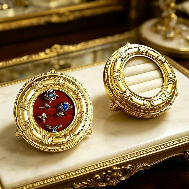 Barocke Schmuckbox mit Relief-Schnitzerei in Gold und Beige als Ringorganizer und Hochzeitsgeschenketui - Bild 1