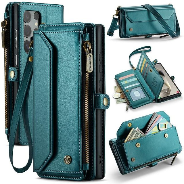 Luxus Lederhülle für Samsung Galaxy S24 FE S23 Ultra S22 S21 S20 und weitere Modelle mit Umhängeband, Reißverschluss und Kartenfach in Grün - Bild 1