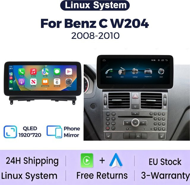 MEKEDE Android Auto und Wireless CarPlay Multimedia-Player mit Linux-System für Mercedes-Benz C-Klasse W204 S204 (2008-2010) NTG 4.0, 10,25 Zoll QLED Display, Schwarz - Bild 1