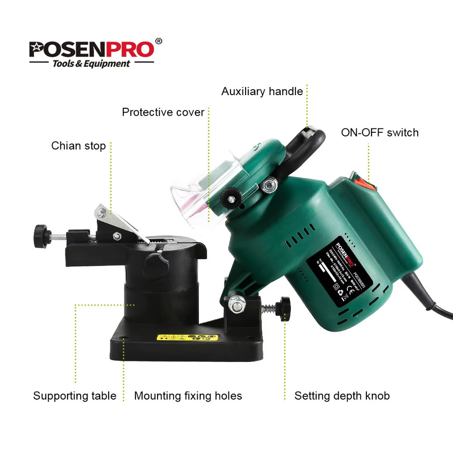 POSENPRO Elektrischer Kettensägenschärfer in Grün mit 100 mm Schleifscheibe, 220 W Kettenschleifer für Kettensägen - Bild 3
