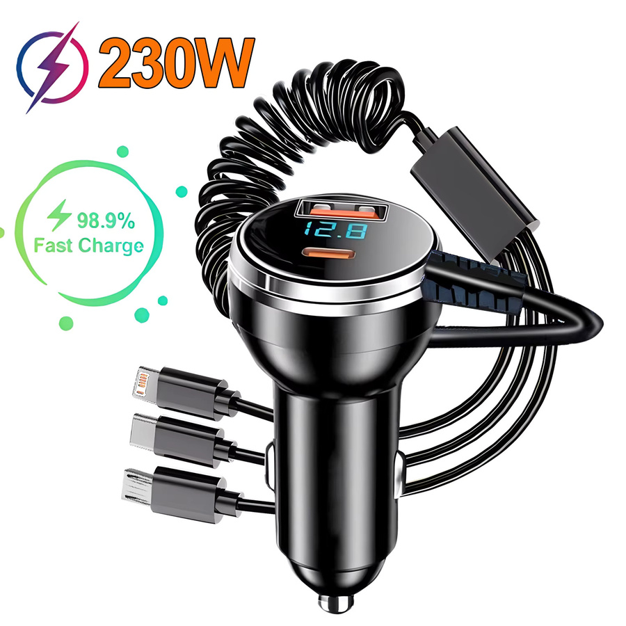 Fireurus Auto-Schnellladegerät mit 230 W, PD QC3.0 und einziehbarem USB-Typ-C-Kabel, Universal-Adapter für iPhone, Samsung, Xiaomi und Android-Geräte, Schwarz - Bild 6