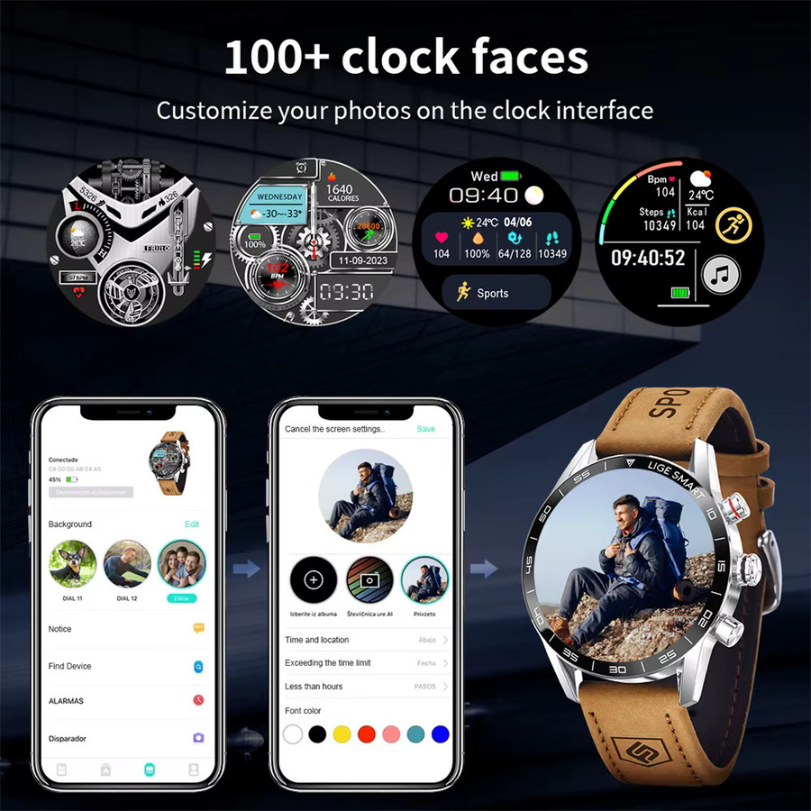 LIGE Smartwatch, Herren, Leder, Schwarz, 1,39 Zoll, Bluetooth - Bild 2