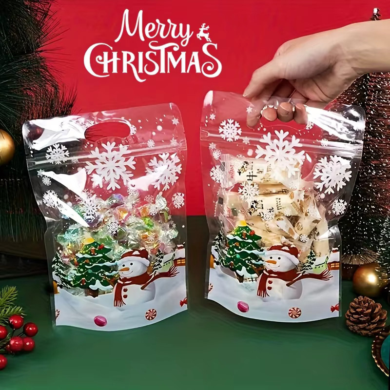 DUTRIEUX Weihnachts-Süßigkeitstüten mit Griffen, transparente Kunststoff-Leckereienbeutel mit Schneemann- und Baum-Design für Weihnachtsfeiern und Partys - Bild 2