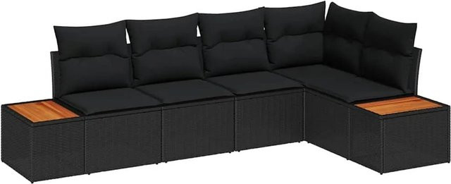 vidaXL Garten-Sofa-Set aus Poly-Rattan in Schwarz mit Kissen, 5-teiliges L-Shape Lounge-Set für Garten und Terrasse - Bild 1