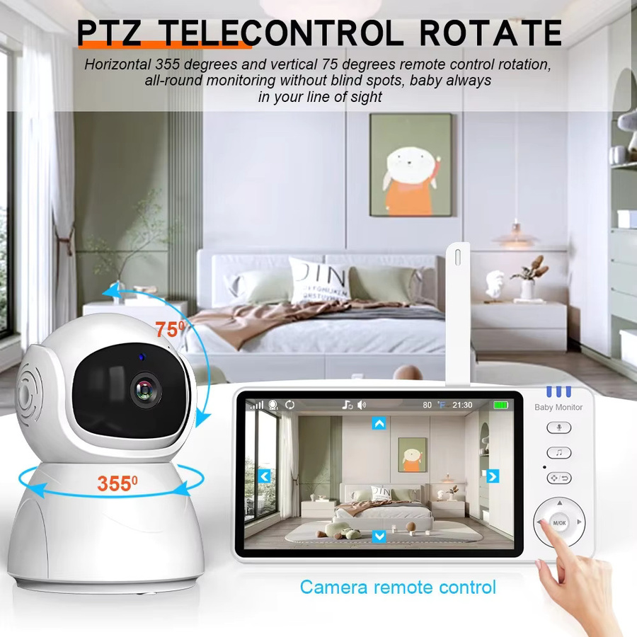 Cdycam Video-Babyphone mit 5,0 Zoll IPS-Bildschirm, PTZ-Kamera, 2-Wege-Audio, Nachtsicht und Schlaflied-Funktion in Weiß - Bild 4