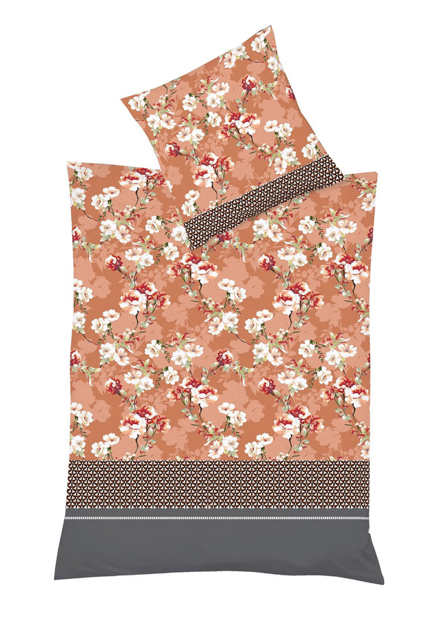 Fleuresse Aspen Biber Bettwäsche mit Rosen Streifen in Apricot und Braun, Material: Baumwolle, B/H: 155 x 220 cm und 80 x 80 cm - Bild 1