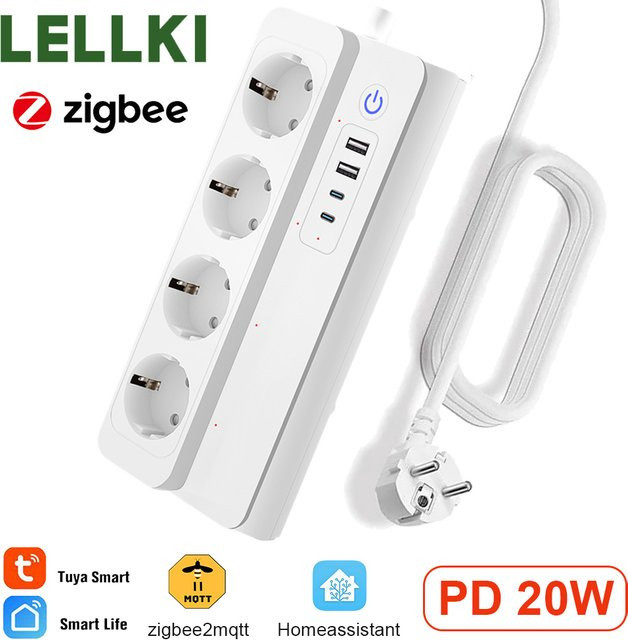 LELLKI ZigBee Smart Steckdosenleiste mit USB-C PD20W in Weiß, kompatibel mit Tuya, Zigbee2mqtt, Yandex Alice und Home Assistant - Bild 1