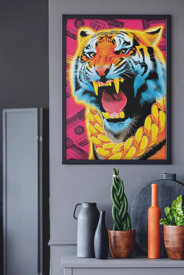 Tiger Pop Art Wandposter mit brüllender Wildkatze und Goldkette in Gold und Multicolour - Bild 2