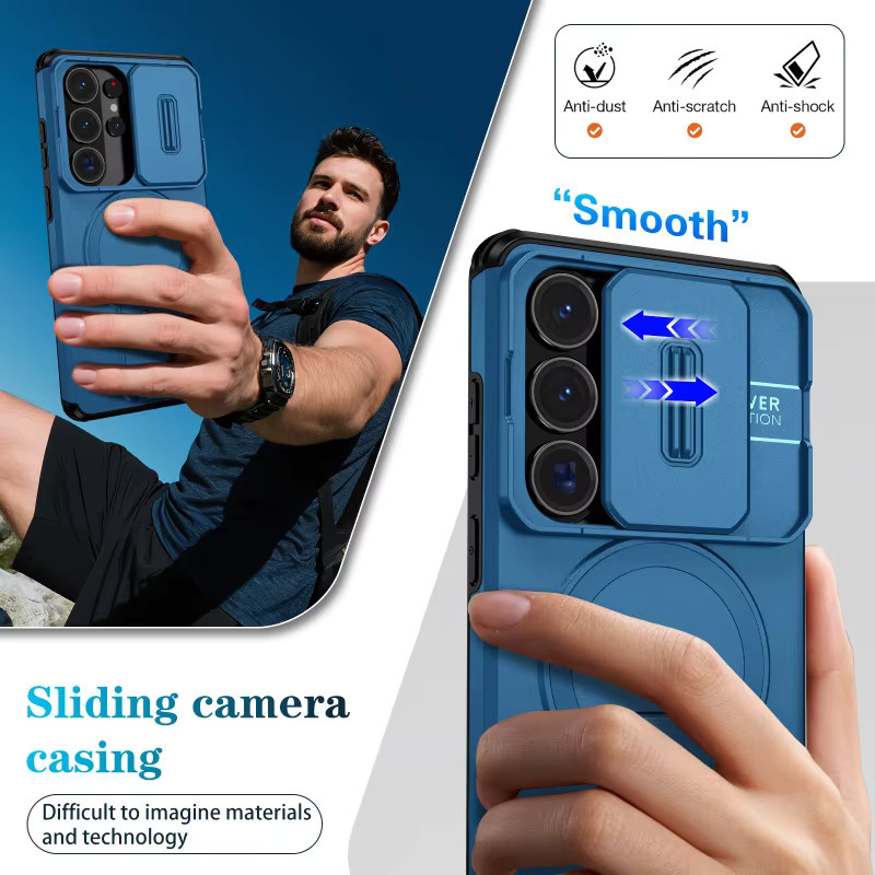 Gepanzerte magnetische Handyhülle mit Schiebefenster und Halterung für Samsung Galaxy S26 S25 Edge S24 S23 Ultra Plus in Pink oder Blau - Bild 3