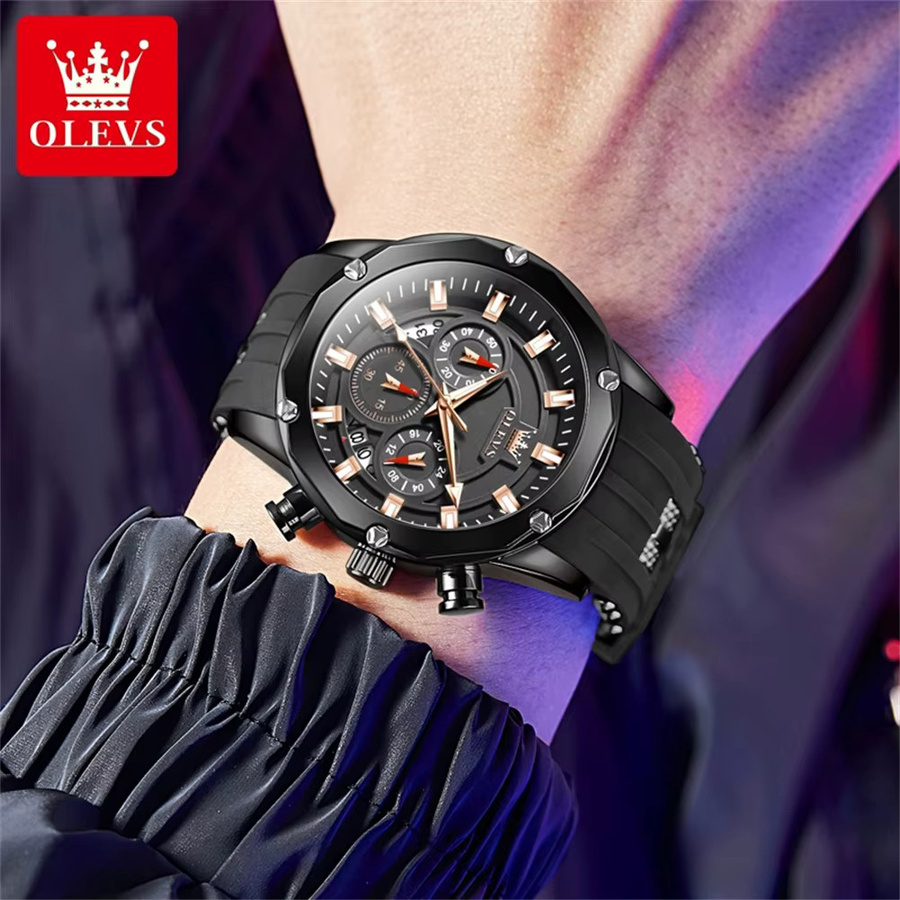 OLEVS Armbanduhr Chronograph, Quarz, Silikonarmband, Herren, Schwarz - Bild 3