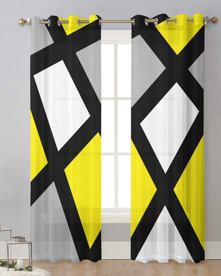 Transparente Tüll-Voile-Vorhänge von Household supplies MH mit geometrischem Muster in Gelb, Schwarz und Grau, Breite: 135 cm, Höhe: 115 cm - Bild 2