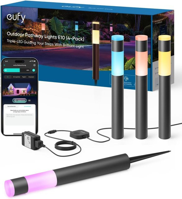 eufy Outdoor-Wegeleuchten E10 4er-Pack, intelligente kabelgebundene RGBWW-LED-Landschaftsleuchten in Schwarz, 350 lm, IP65 wasserdicht für Garten und Hof - Bild 1