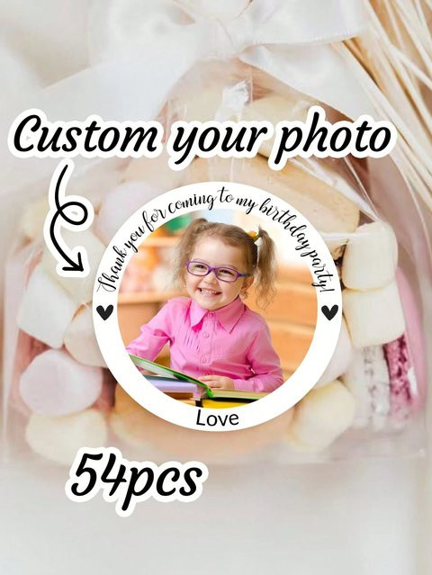 LICVIC 500 Stück Personalisierte Fotoaufkleber mit eigenem Motiv, Runde Dankeschön Etiketten für Kindergeburtstage und Süßigkeiten, Durchmesser: 4 cm, Farbe: Weiß - Bild 1