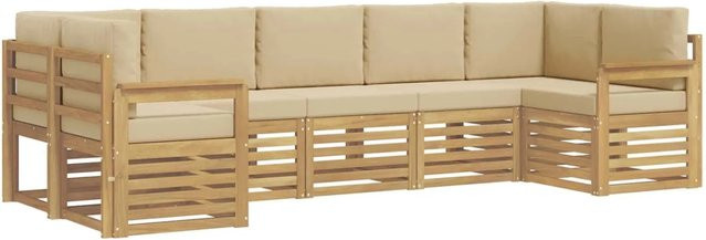 vidaXL Outdoor-Sofagarnitur 6-teilig aus Akazienholz in Weiß und Beige, L-Form mit Polstern für Garten und Terrasse, B/T/H: 304 x 128,5 x 73 cm - Bild 1