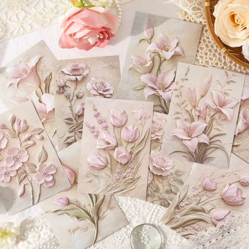 10 Blatt Vintage-Papier mit geprägtem botanischem Blumenmuster und matter Textur für Bastelarbeiten - Bild 1
