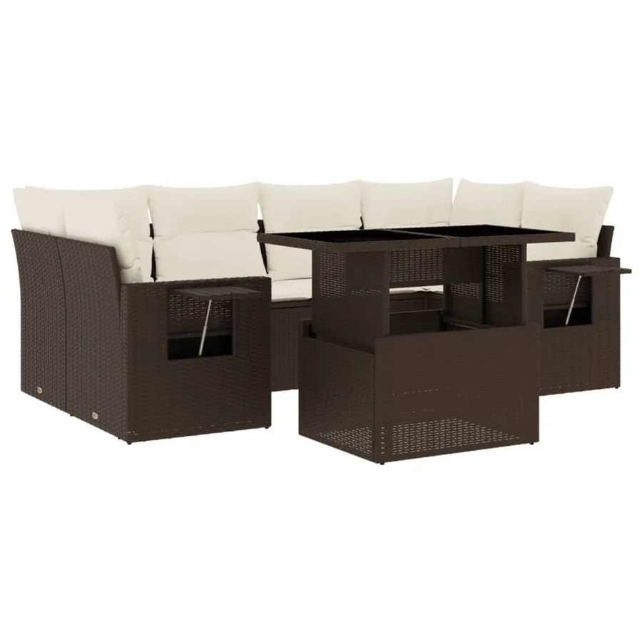 vidaXL 7-tlg Garten-Sofagarnitur in L-Form aus Polyrattan mit cremeweißen Kissen in Braun - Bild 2