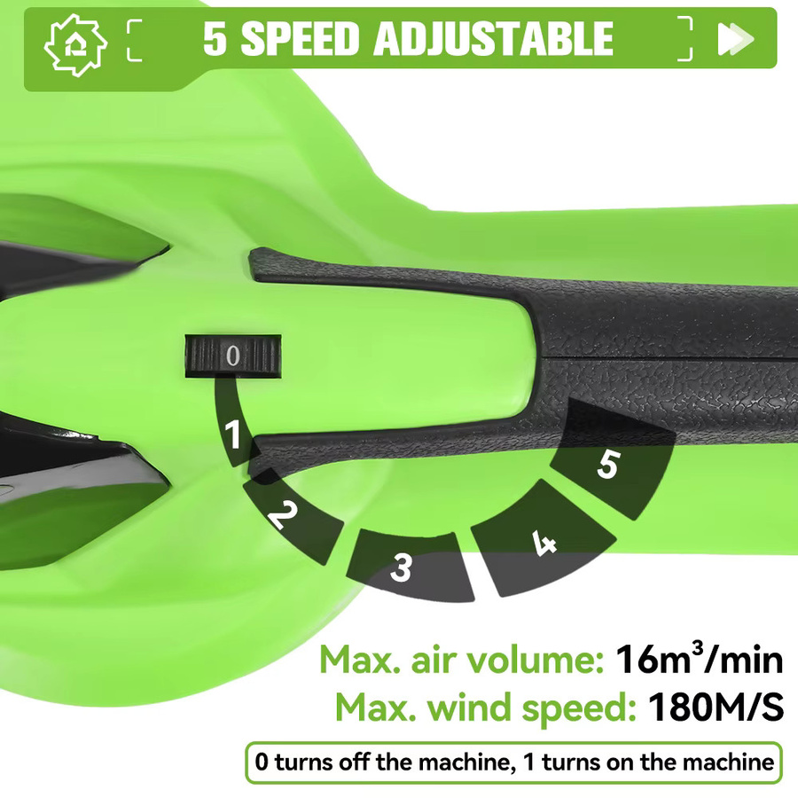 ONEGREEN Bürstenloser elektrischer Laubbläser 5500W mit 5 Gängen, kabelloses Reinigungsgerät für Laub, Schnee und Staub, kompatibel mit Makita 18V LXT Akku, Farbe: Grün - Bild 2