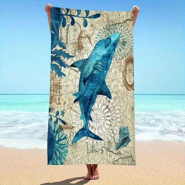 JMG Household Supplies Schnelltrocknendes Mikrofaser-Strandtuch mit Hai-Motiv in Blau, B/B: 80 x 160 cm - Bild 1