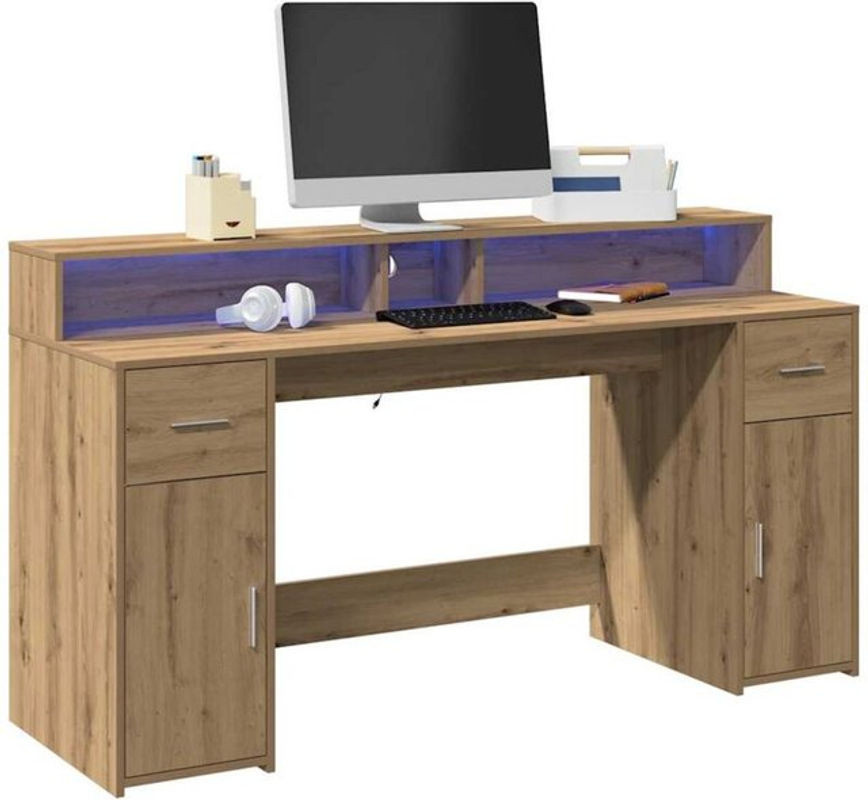 vidaXL LED-Schreibtisch Artisan-Eiche in Braun aus Holzwerkstoff, B/T/H: 160 x 55 x 91 cm - Bild 1