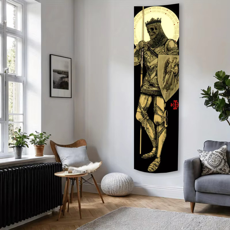 VIKAMA Wandteppich Retro Totenkopf Templer mit Streifen in Schwarz als hängende Wanddekoration - Bild 3