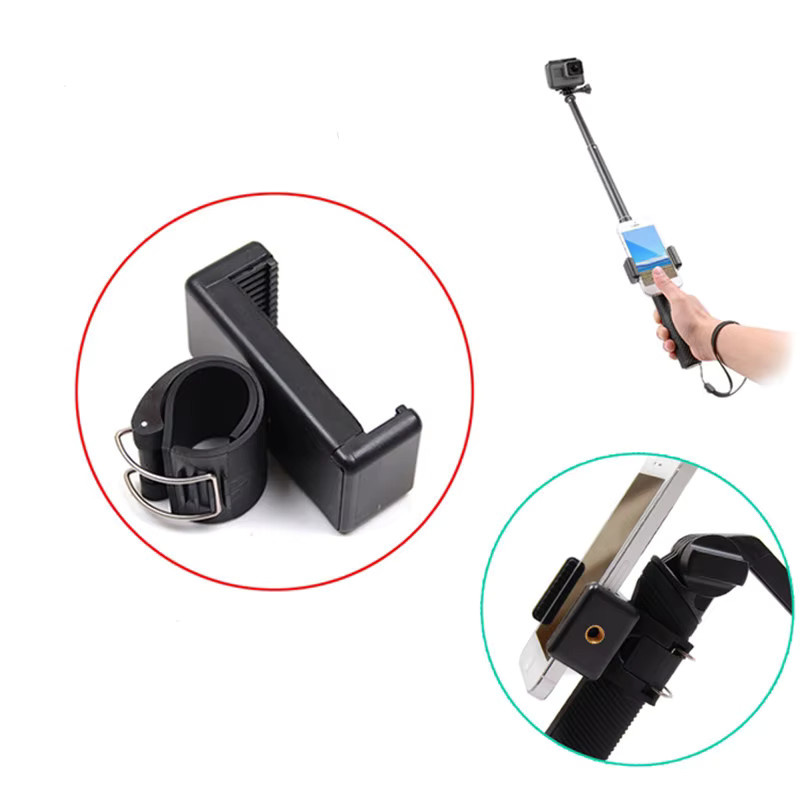 Selfie Stick mit verstellbarem Clip und Halterung für GoPro und Action-Kameras, Schwarz - Bild 2