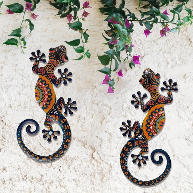DDPNKL 2-teiliges Metall-Wandkunst-Set mit Eidechsen- und Gecko-Motiven in Tribal-Mustern zur Wanddekoration für Innen- und Außenbereich - Bild 1