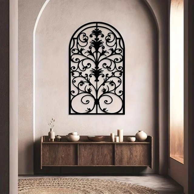 CIFBUY Gotische Bogen-Metallwandkunst in Schwarz mit floralem Design als barocke Eisenfenster-Dekoration - Bild 1