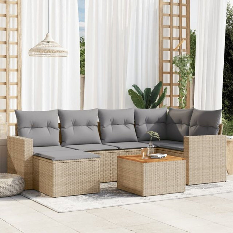 Vidaxl 7-teiliges Gartenmöbel-Set aus Rattan und Holz mit Kissen in Beige und Grau im modernen Design - Bild 1