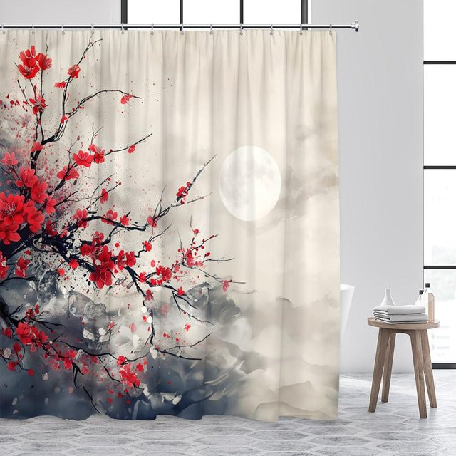 Baifenbai Home Furnishing Duschvorhang Japanische Landschaft mit Kirschblüten und Vögeln, Rosa und Mehrfarbig, B/H: 180 x 180 cm - Bild 1