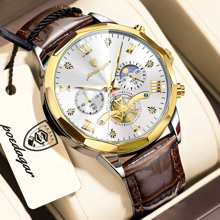 POEDAGAR Chronograph, Quarzuhr, Lederarmband, Silber, Herren - Bild 2