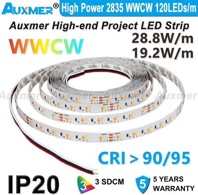 Auxmer CCT LED-Streifen mit einstellbarer Farbtemperatur, 120 LEDs/m, IP20, Weiß, DC 12/24V - Bild 1